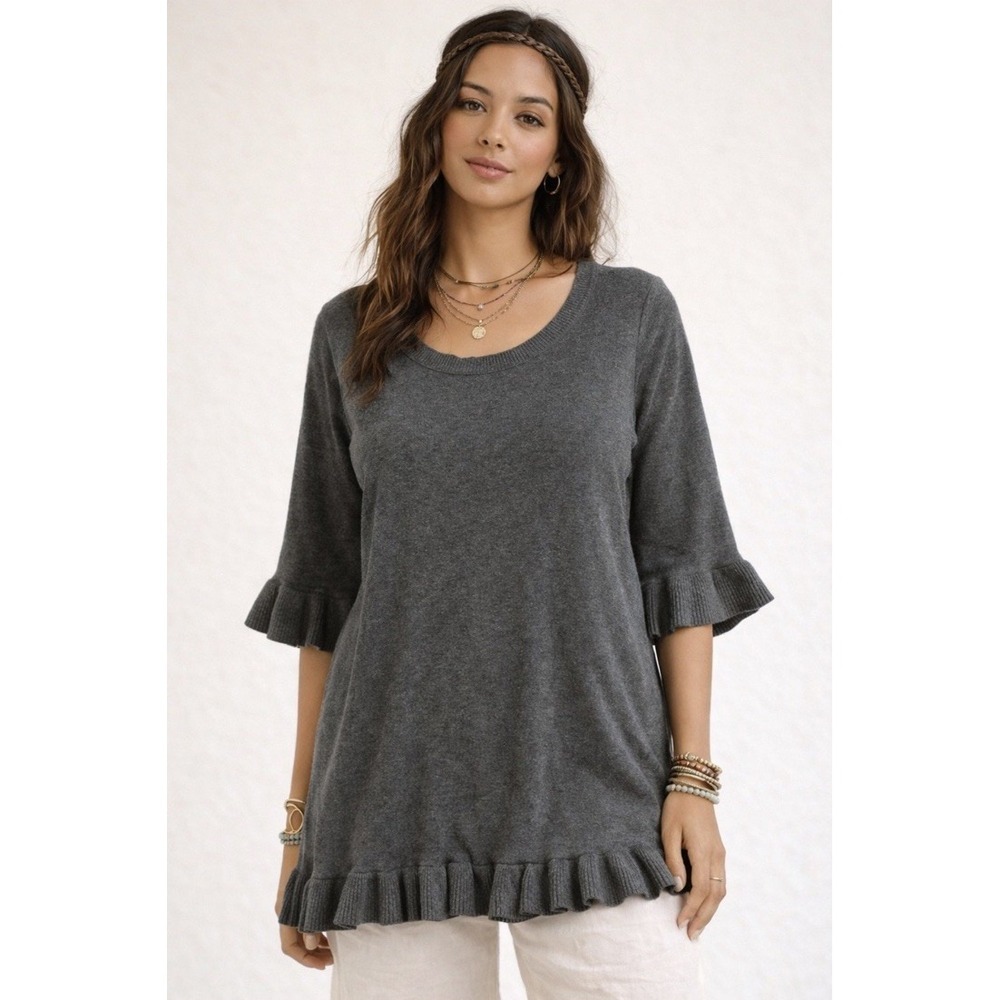 Isaac Mizrahi Live Sweater Tunic Ruffled Women's Size Large Gray Cotton‎ Blend
